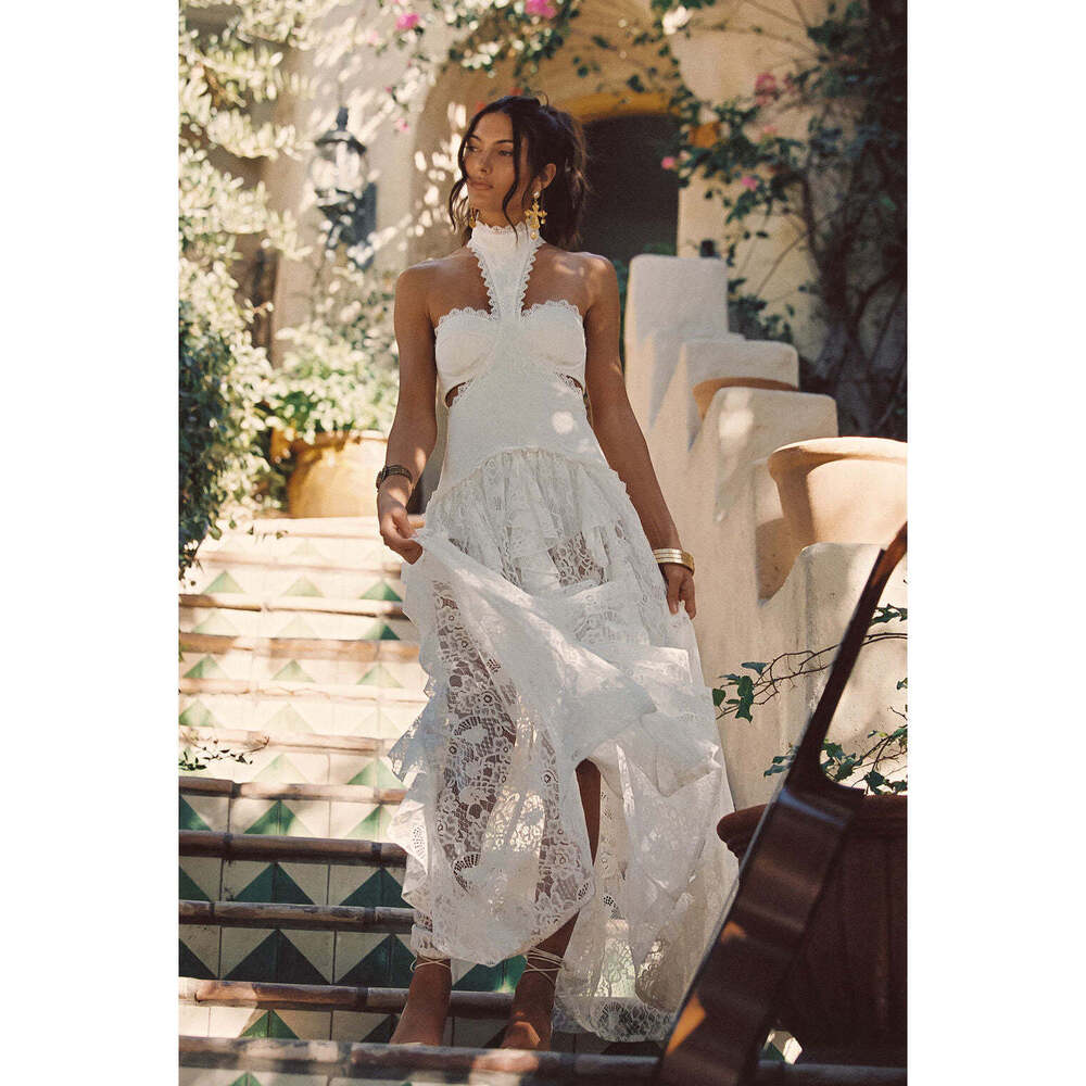 12th Tribe Princesa White Lace Drop Waist Maxi Dress Size MM